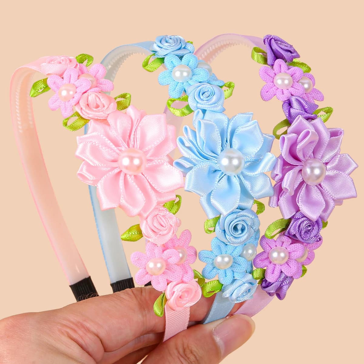 3pcs Cute Pearl Flower Headband Fabric Rose Flower Hairbands Kids Children Floral Plastic Hairbands Party Hair Accessories