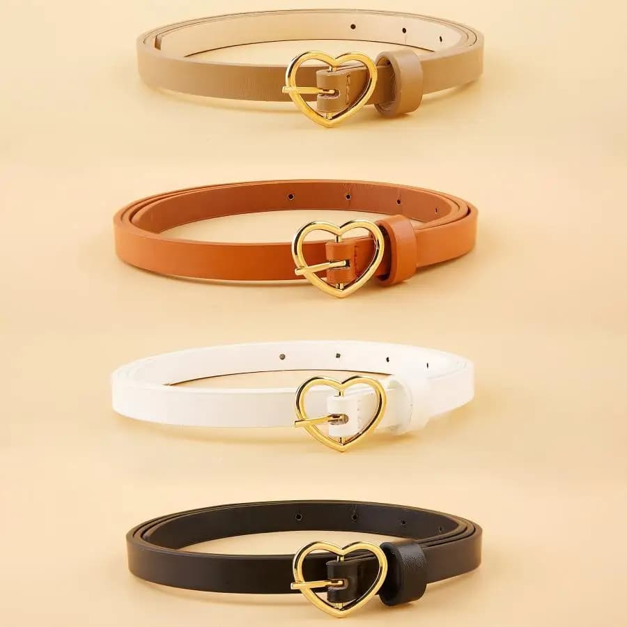 A Set of Three Heart-Shaped Gold Buckle Thin Waist Belt, Versatile for Daily Use