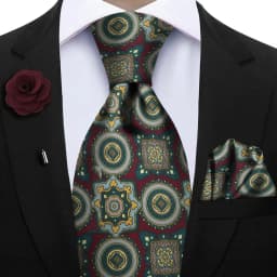 Luxury Soft Silk Mens Ties Floral Brown Green Red Ties Paisley NeckTie Pocket Square Brooch Set Men's Wedding Party Tie