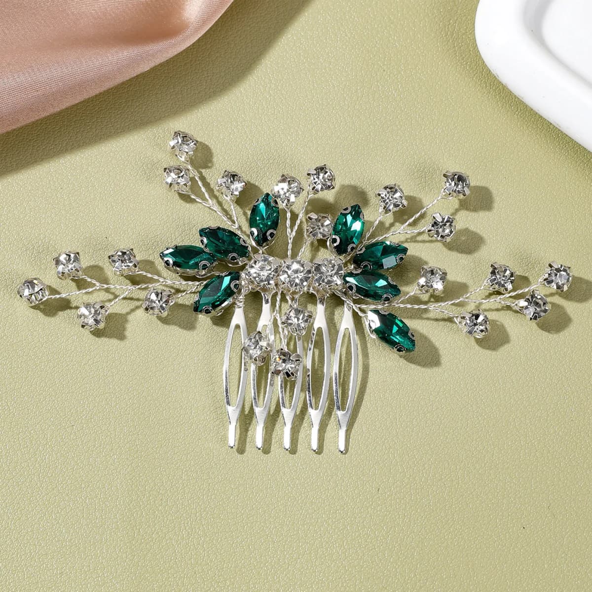 Green/Red Rhinestone Leaf Hair Combs Gold/Silver Color Alloy Hair Clips Light Luxury Bride Wedding Headpieces Elegant Hairpins