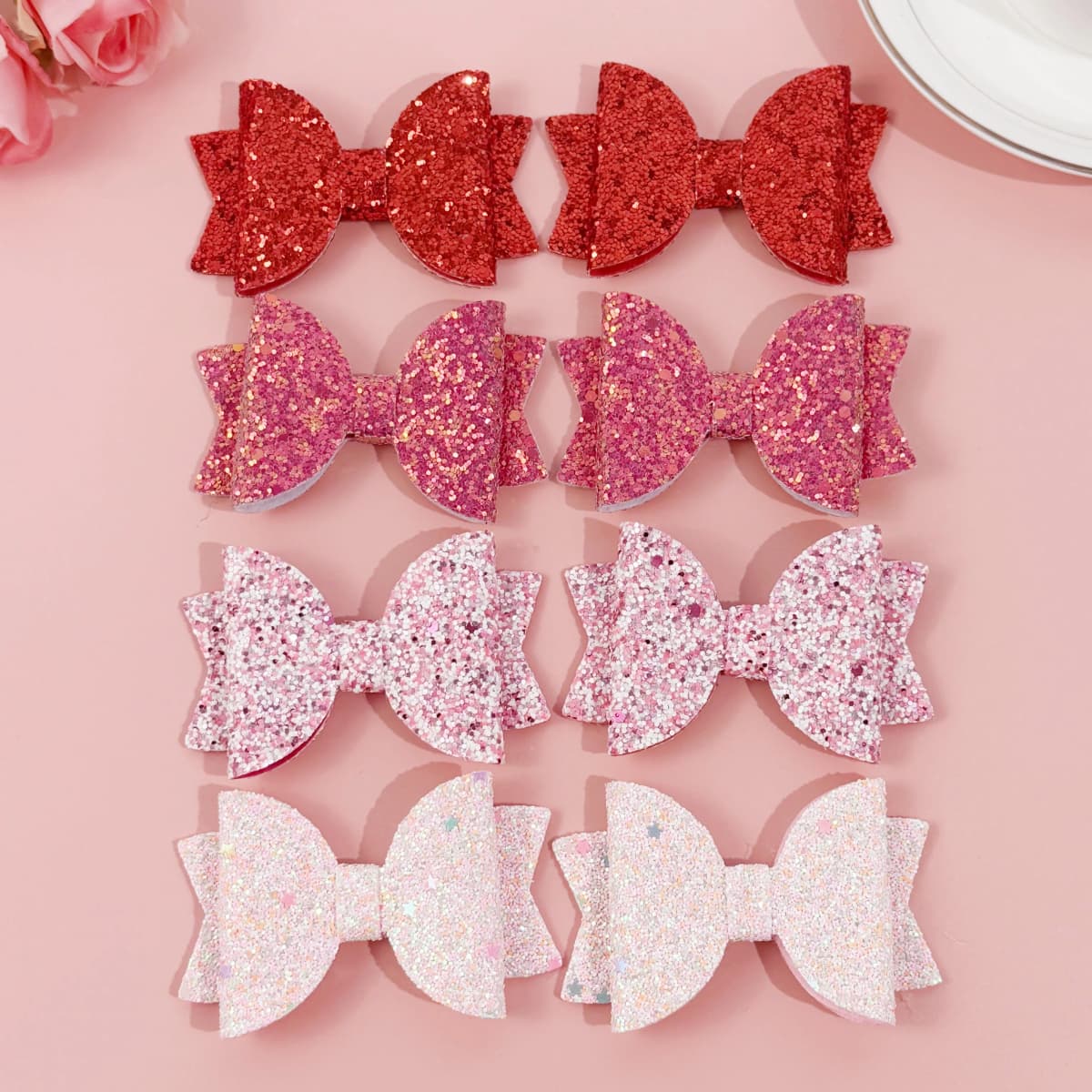 8/12pcs Sweet Glitter Hair Bows for Girls Valentine's Day Red Pink Hair Bows Clips Barrettes for Kids Party Hair Accessories