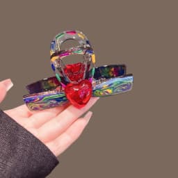 Gradient Graffiti Red Heart Hair Clip, Women's 2025 New Premium Semi-Updo Shark Clip for Fine Hair
