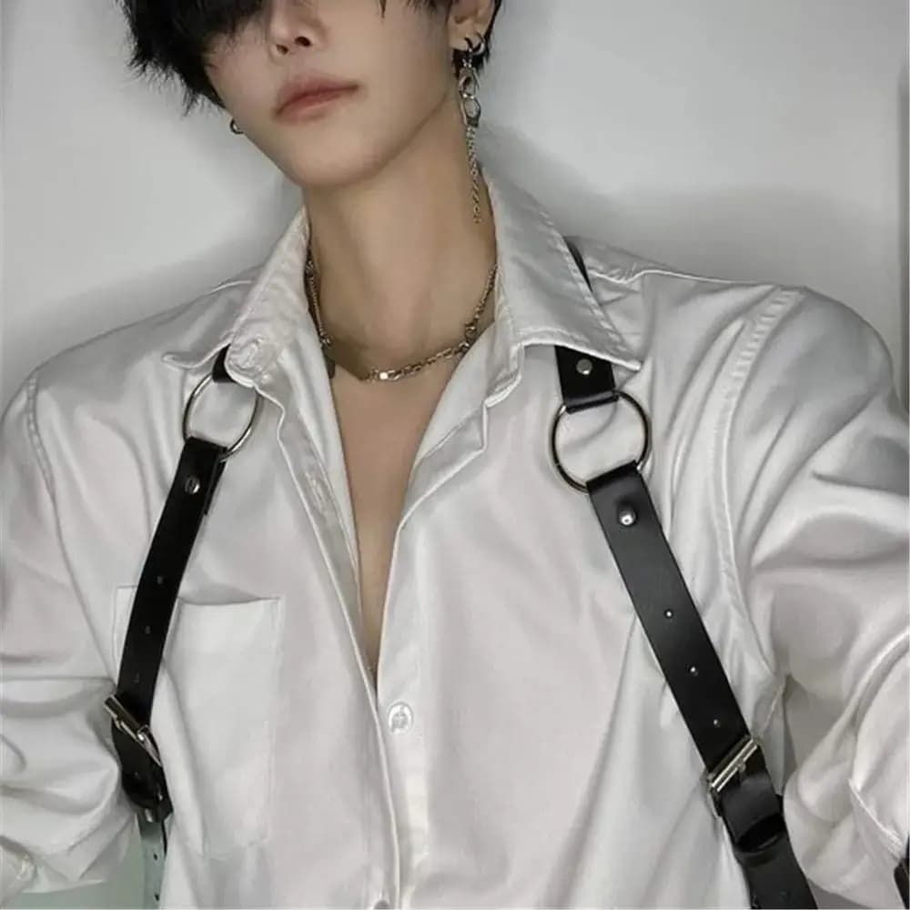 Cool Rock Men's Belt PU Leather Harness Abjustable Strap Costume Sexy Shoulder Belt Body Chest Chain Metal Ring Y2k Accessories