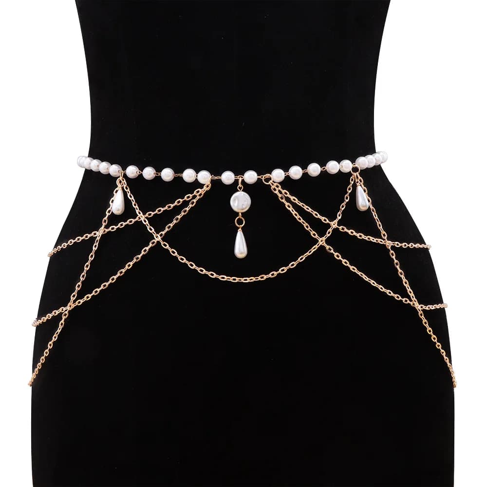 New Vintage Multi layer Chain Belt Fashion Versatile Womens Faux Pearl Tassel Waist Chain