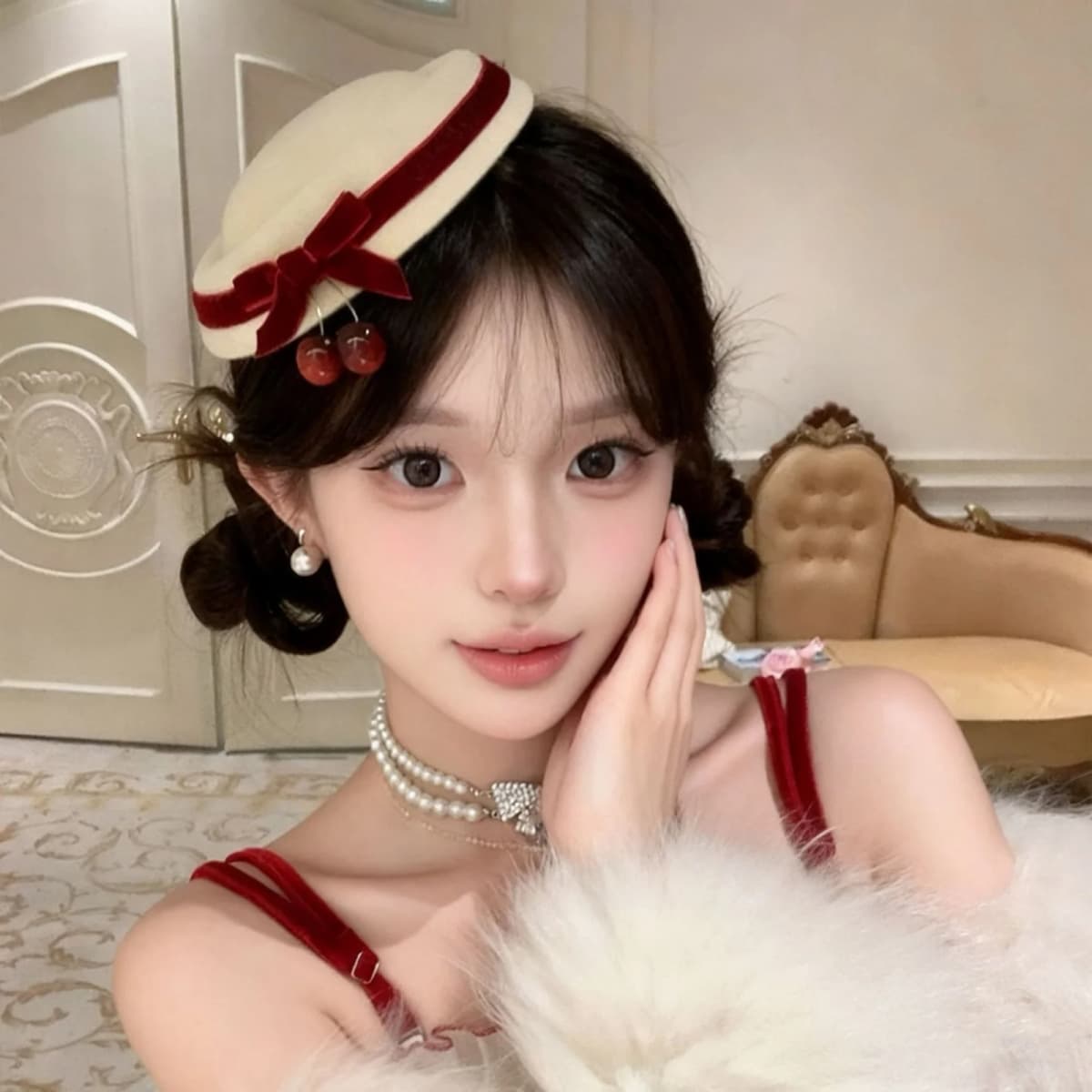 1PC Cream Velvet Cherry Beret Hat, Red Bow Decor Fashion Cap, Elegant Daily Headwear, Stylish Outfit Matching Hat