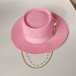 Cherry powder 2026 straw hat pearl chain DIY flat top sun hat new Korean elastic ribbon hat beach hat candy color sun hat