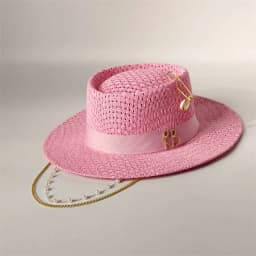 Cherry powder 2026 straw hat pearl chain DIY flat top sun hat new Korean elastic ribbon hat beach hat candy color sun hat