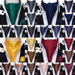 Men's Ascots Fashion Luxury Solid Plaid Check Dot Cravat Set with Cufflinks and Handkerchiefs for Daily Casual Outing