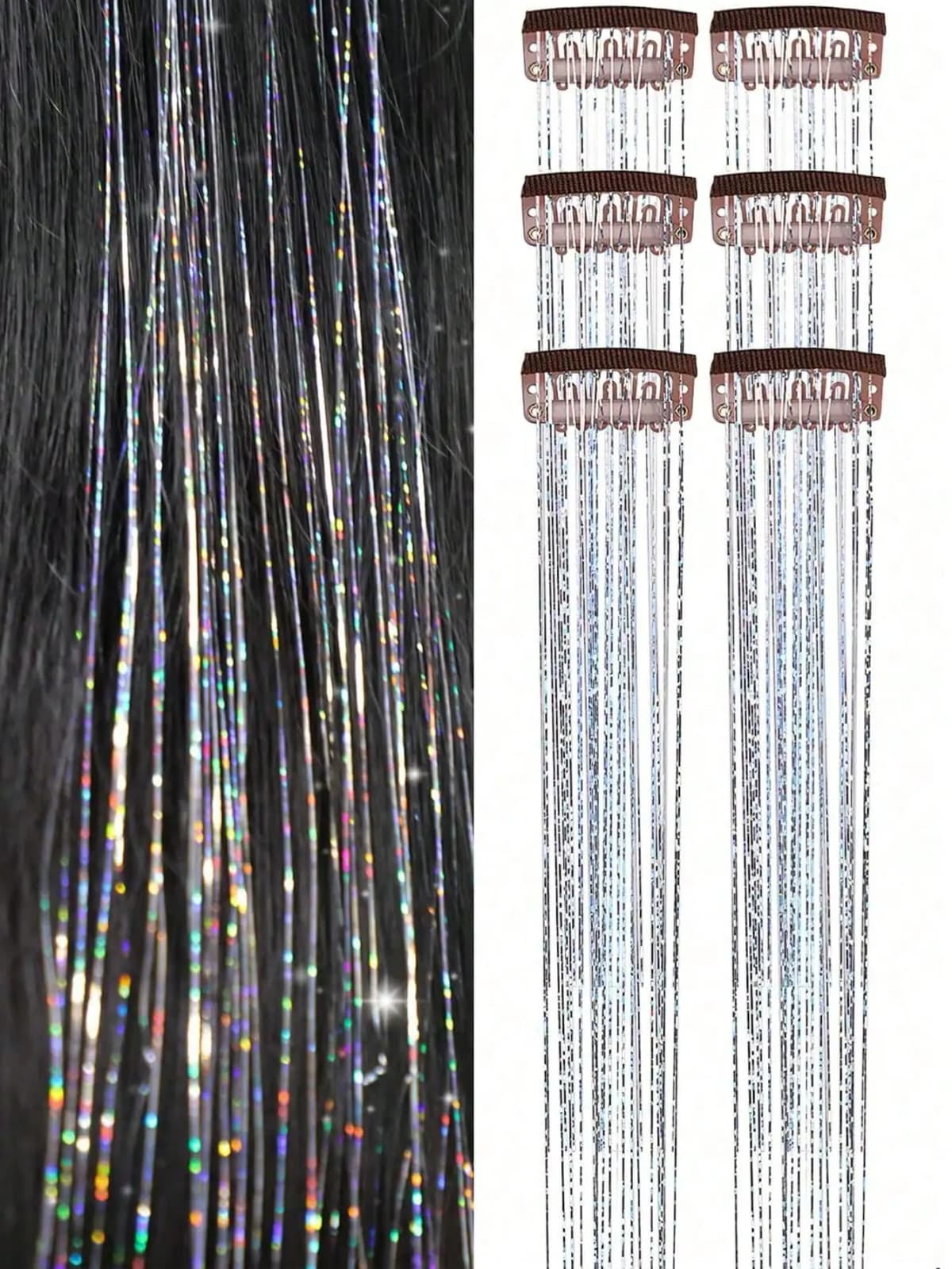 1/6 Pcs Women's Fashion Glitter Multicolor Hair Clips with Wig Strands, Perfect for Parties & Festivals