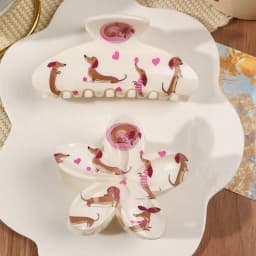 2Pcs Cute Pink Dachshund Heart Print Hair Claw Clips For Women Flower and Large Half-Circle Fashion Hair Accessories Shark Clips