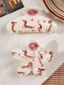 2Pcs Cute Pink Dachshund Heart Print Hair Claw Clips For Women Flower and Large Half-Circle Fashion Hair Accessories Shark Clips