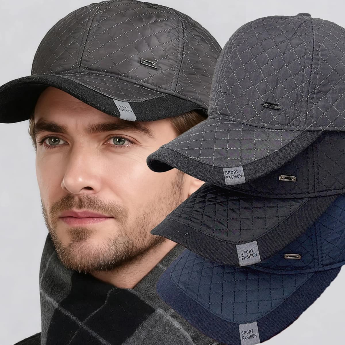 Winter Men Solid Color Quilted Embroidery Baseball Caps Middle-aged Casual Hat Warm Windproof Fleece-Lined Earflap Baseball Cap