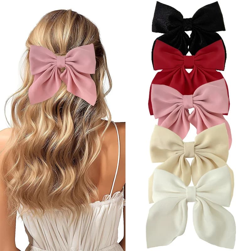2/3/4/5pcs Girls Fashion Colors Short Bow Hair Clips, Soft Classic-Tailed Bow Hairpins, Vintage Metal Hair Clip Silk Headband, E