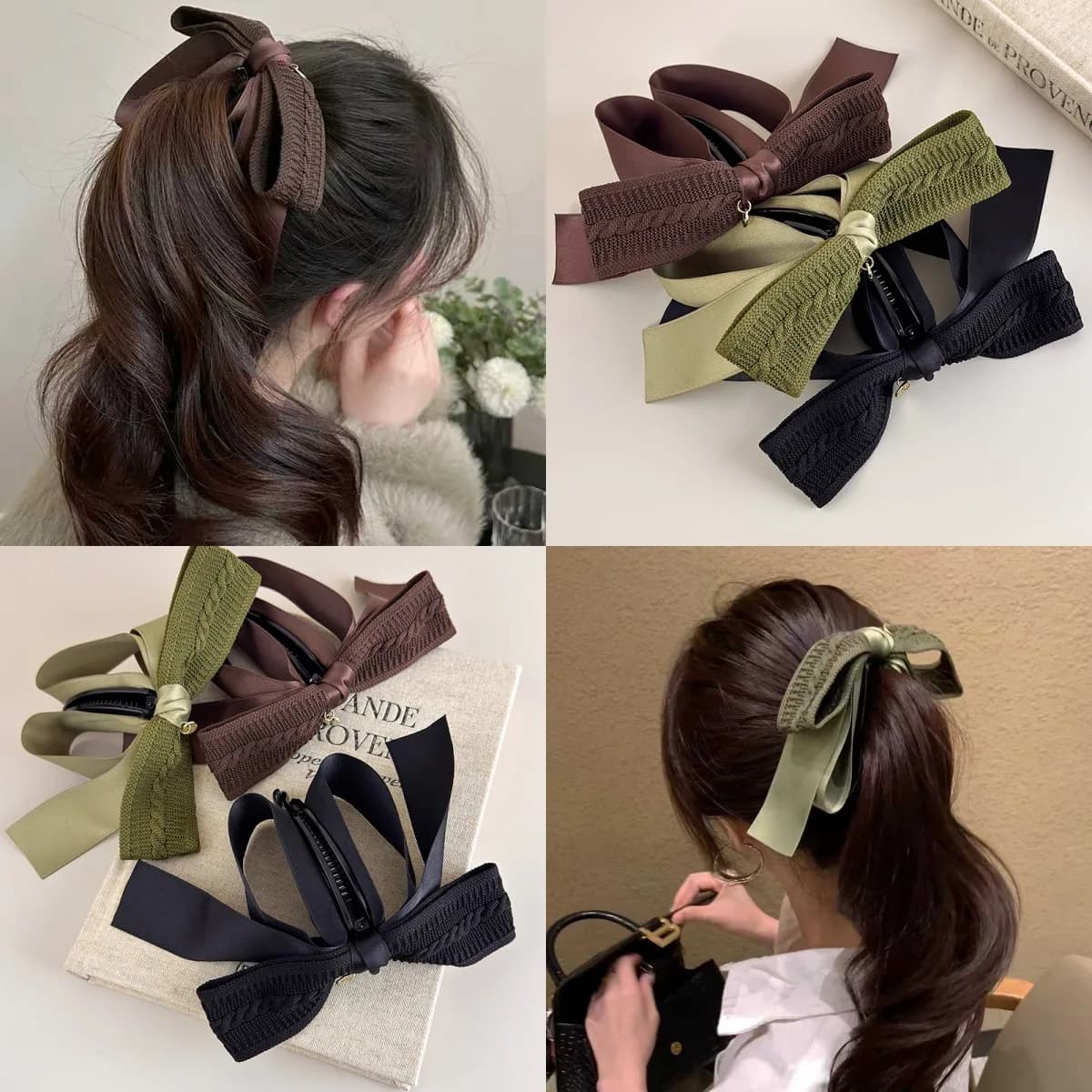 Autumn-Winter Melange~Retro Knit Bow Banana Clip for Women Large Size Anti-Slip High Ponytail Twist Hair Clip