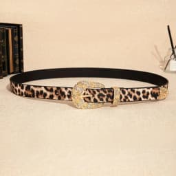 Luxurious and elegant gold-plated leopard print belt with rhinestone engraving and metal buckle, perfect for women and versati