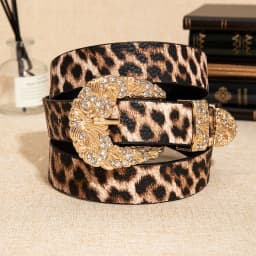 Luxurious and elegant gold-plated leopard print belt with rhinestone engraving and metal buckle, perfect for women and versati