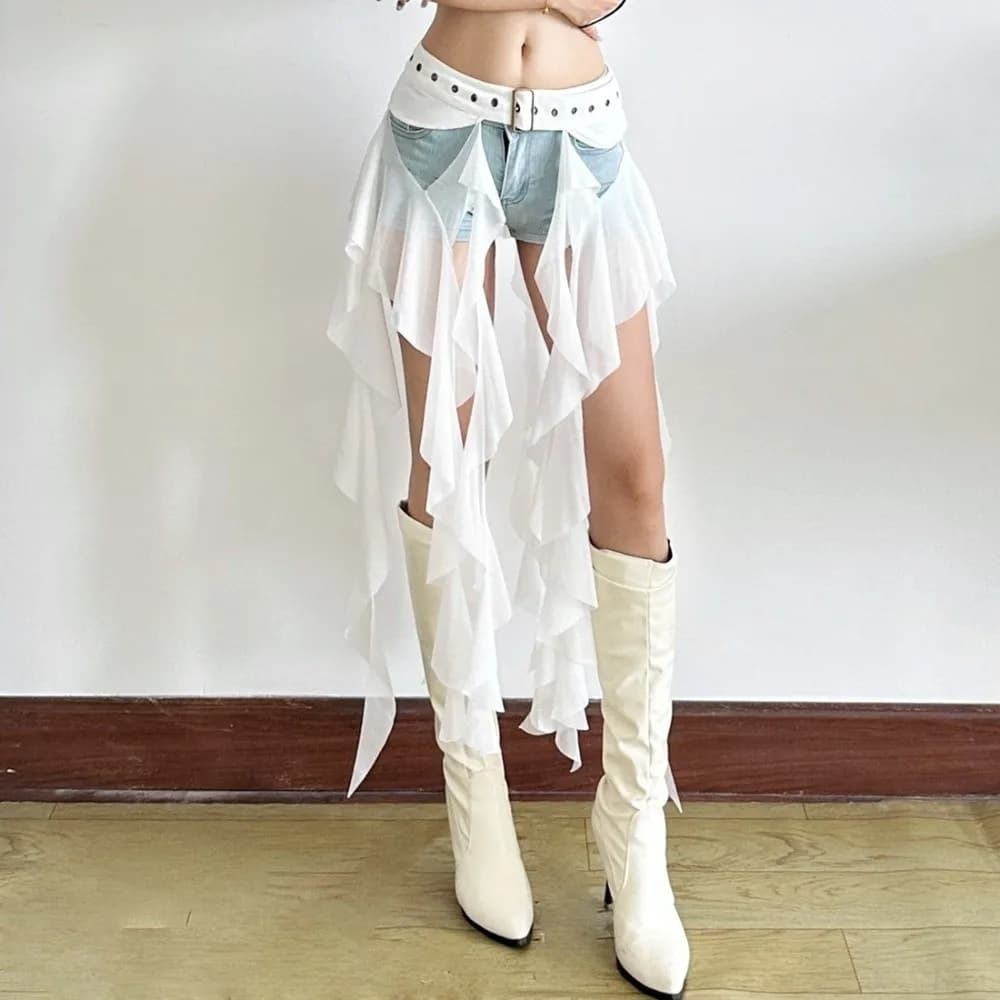 Fashion Irregular Ruffles Belts for Women Long Tassel Adjustable Buckle Waistband Y2K White Mini Skirt Streetwear