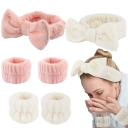 Waterproof Headband and Wristband Set for Face Washing Prevent Water Stains Soft Adjustable Bow Hairband for Skincare Makeup