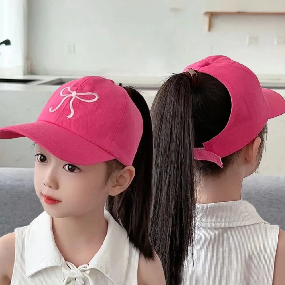 Bowknot​​ Baseball Cap​​ UV Protection​​ Empty Tail Design​​ ​​Children Sun Hat​​ Lightweight Comfort​​ Adjustable Strap​​