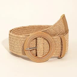 1pc Women Round Buckle Boho Straw Belt For Beach Ellipse Buckle Bead Decor Bohemian Woven Belt For Holiday