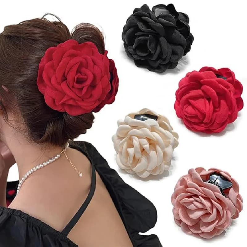 1/4 piece high-end princess-style rose hairpin for women. Elegant fabric shark-shaped clip.