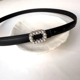 Rhinestone Pearl Decorated Women's Waist Belt Black White Single Circle Pin Buckle Waistband Thin Slimming Dress Belt