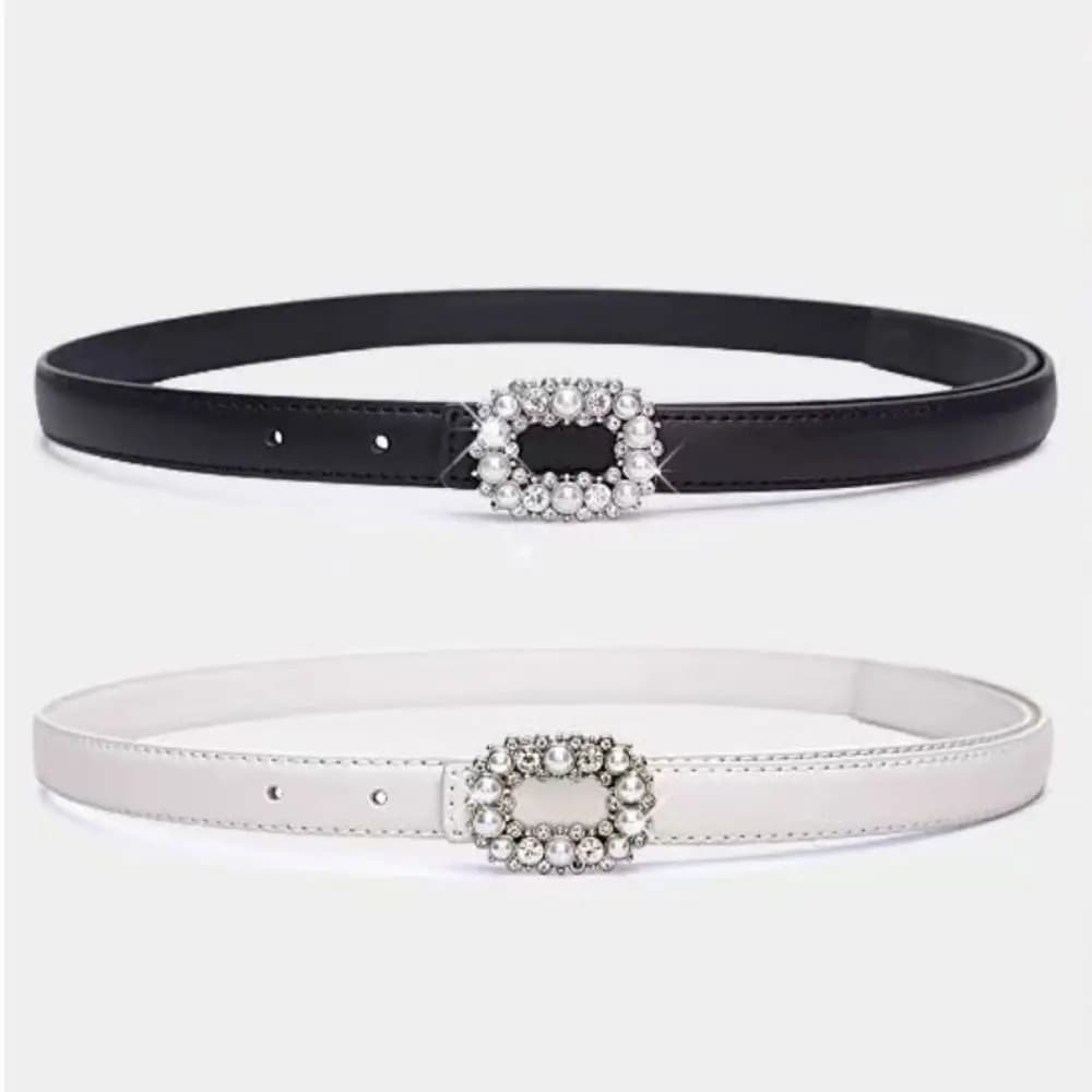 Rhinestone Pearl Decorated Women's Waist Belt Black White Single Circle Pin Buckle Waistband Thin Slimming Dress Belt
