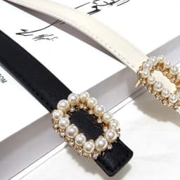 Rhinestone Pearl Decorated Women's Waist Belt Black White Single Circle Pin Buckle Waistband Thin Slimming Dress Belt