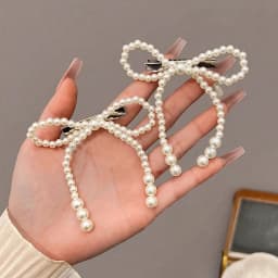 1/2 Pc. Beige Bow with Imitation Pearl Hairpin | Cute, Casual Style | Perfect for Everyday and Holiday Gift Accessories.