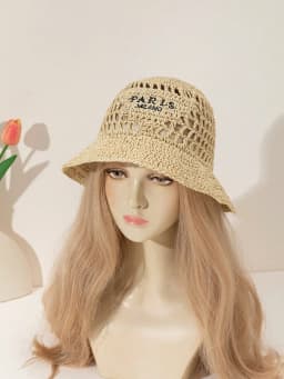 Women's Fashionable Bohemian Beach Resort Inverted Triangle Letter Embroidery Handmade Crocheted Straw Hat