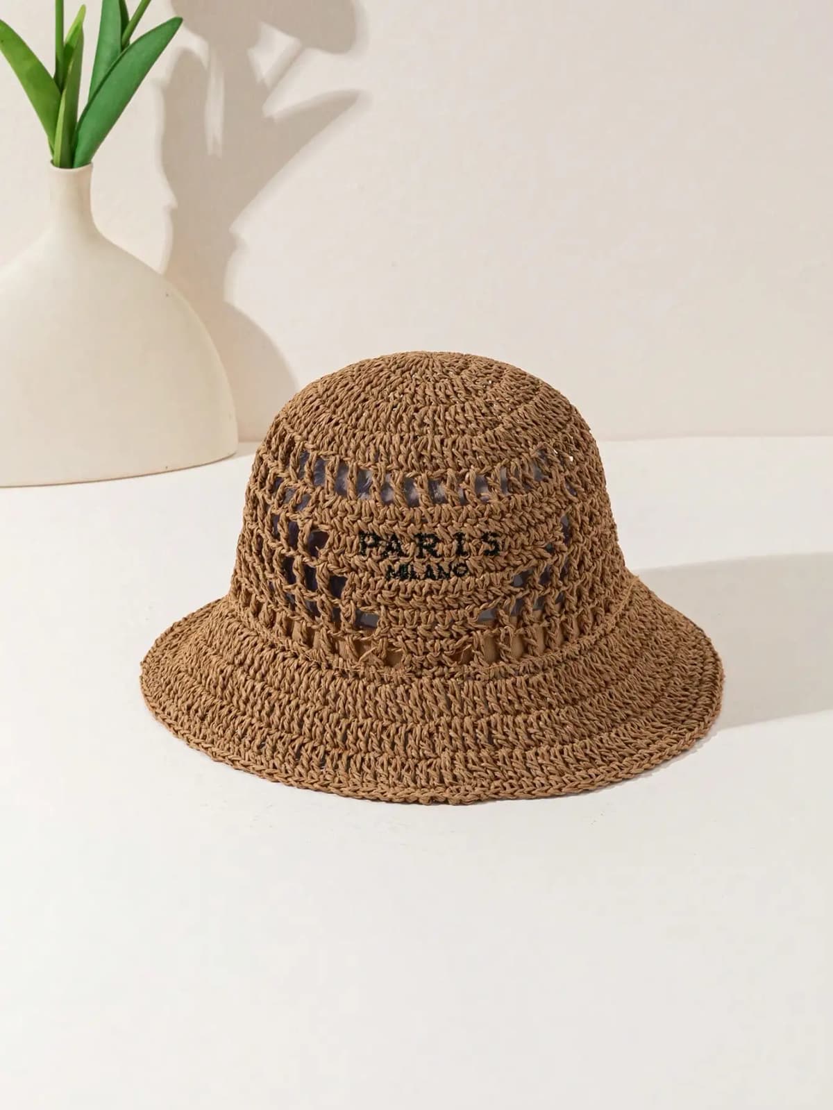 Women's Fashionable Bohemian Beach Resort Inverted Triangle Letter Embroidery Handmade Crocheted Straw Hat