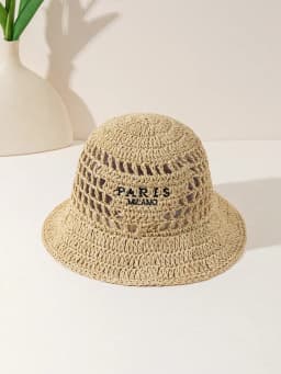 Women's Fashionable Bohemian Beach Resort Inverted Triangle Letter Embroidery Handmade Crocheted Straw Hat