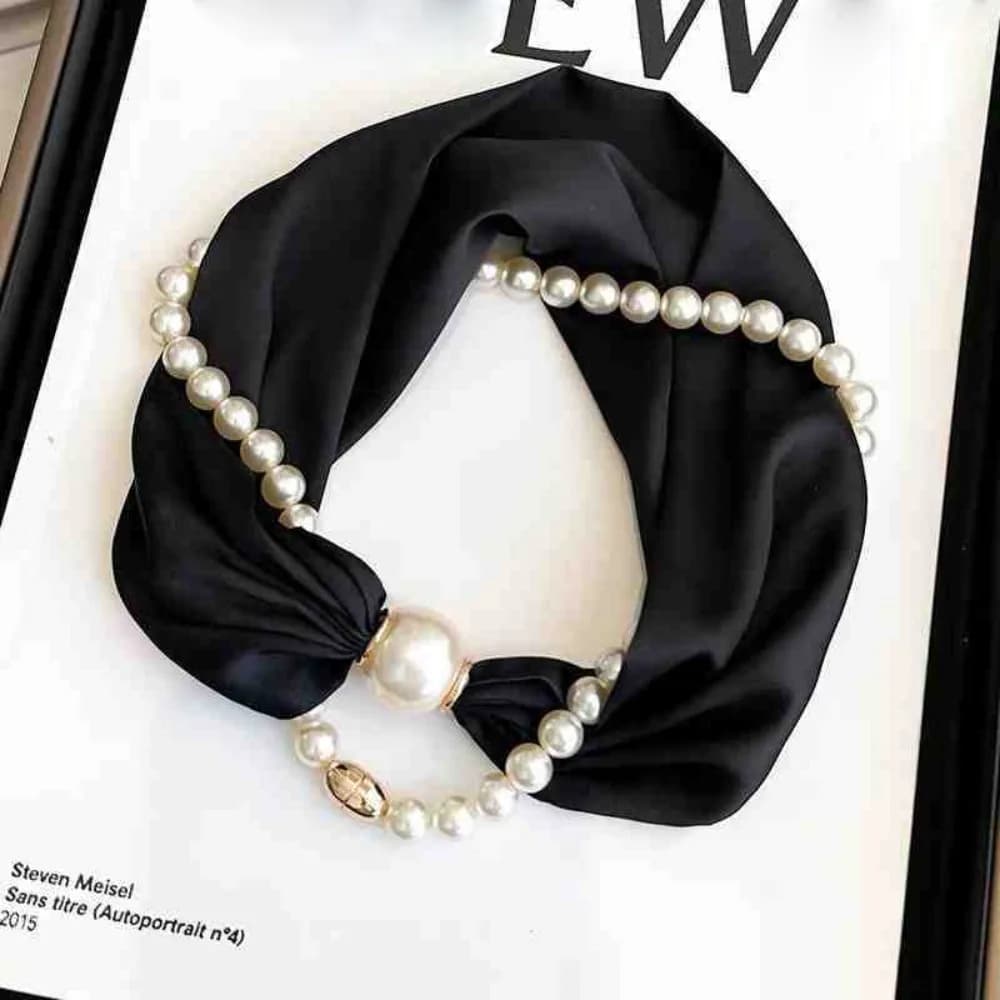 Fashion Magnetic Buckle Neck Scarf Narrow with Pearls Chain Necklace Satin Scarf Thin Soft Neckerchief