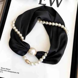 Fashion Magnetic Buckle Neck Scarf Narrow with Pearls Chain Necklace Satin Scarf Thin Soft Neckerchief