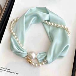 Fashion Magnetic Buckle Neck Scarf Narrow with Pearls Chain Necklace Satin Scarf Thin Soft Neckerchief