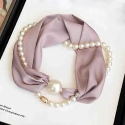 Fashion Magnetic Buckle Neck Scarf Narrow with Pearls Chain Necklace Satin Scarf Thin Soft Neckerchief