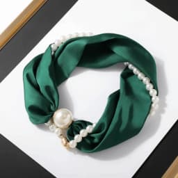 Fashion Magnetic Buckle Neck Scarf Narrow with Pearls Chain Necklace Satin Scarf Thin Soft Neckerchief