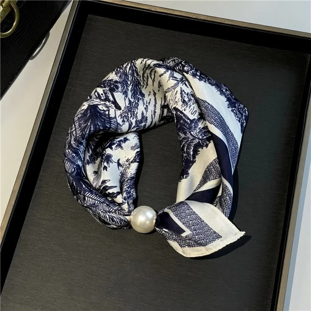 New Pearl Buckle Silk Scarf Printed Thin Neck Scarf Lightweight Soft Neckerchief Women