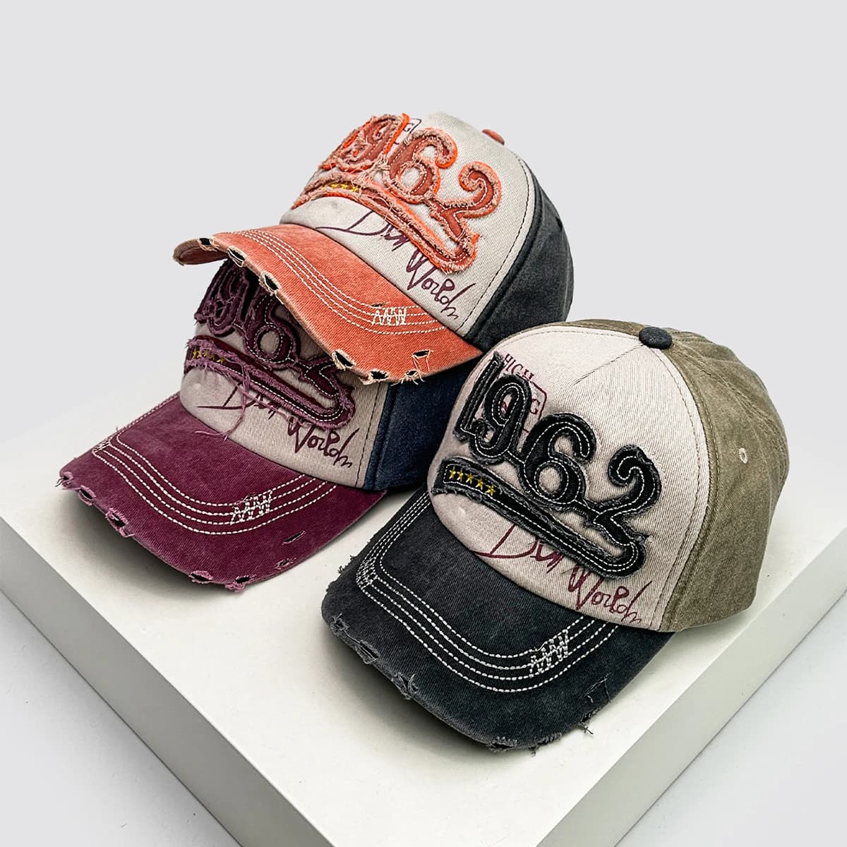 New Unisex PATCH 1962 Letters Broken Style Baseball Hats Sunshade Color Block Versatile American Vintage Peaked Caps Fashion Ins