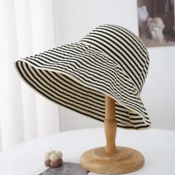 Women's Summer Wide Brim Sun Hat Striped Black & Beige Adjustable Asymmetrical Sunhat Beach Accessories Foldable New