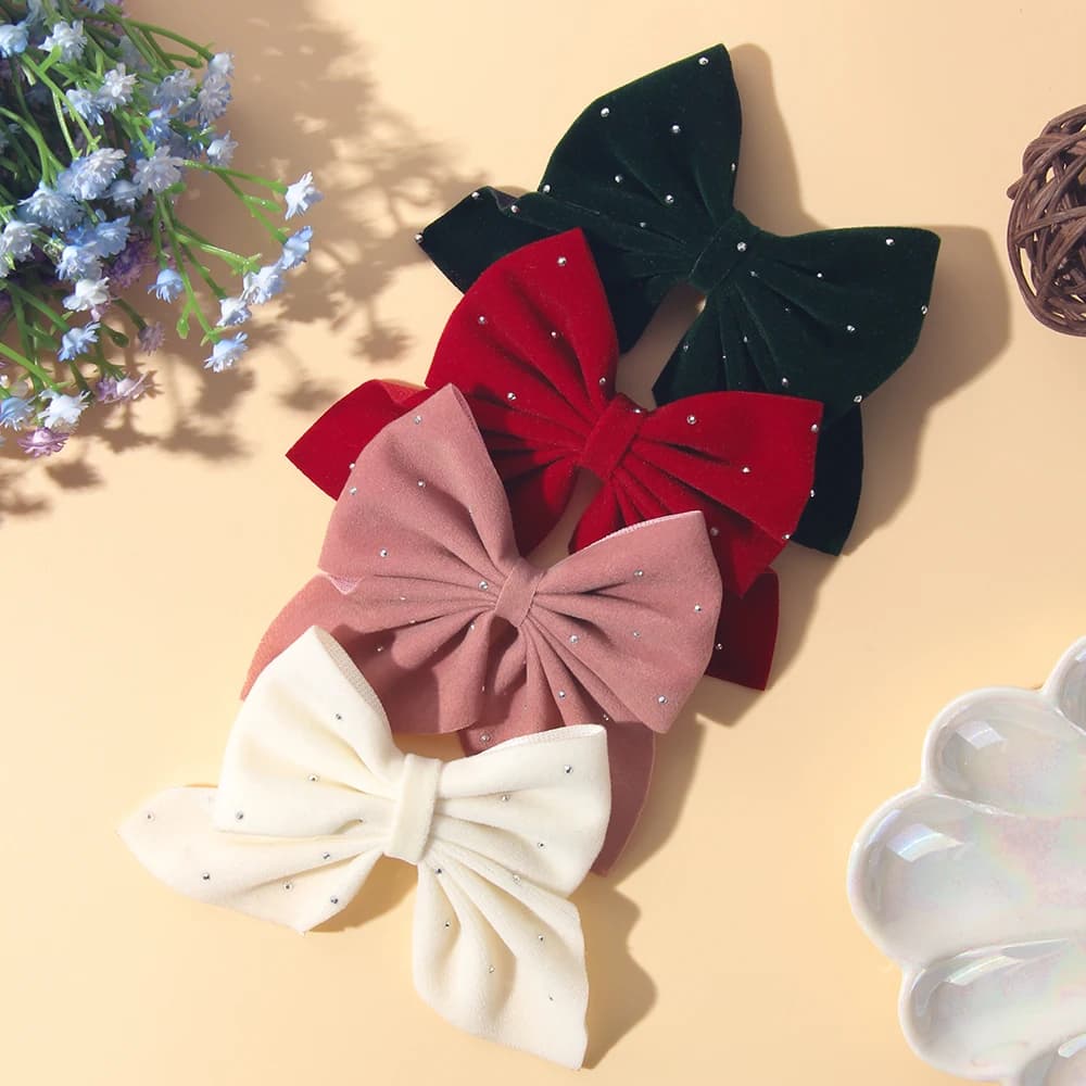 2PCS/Set Elegant Velvet Embellished With Diamonds Bow Hair Clip Girls Without Damaging Hair Safe Hair Accessory Kids Gift