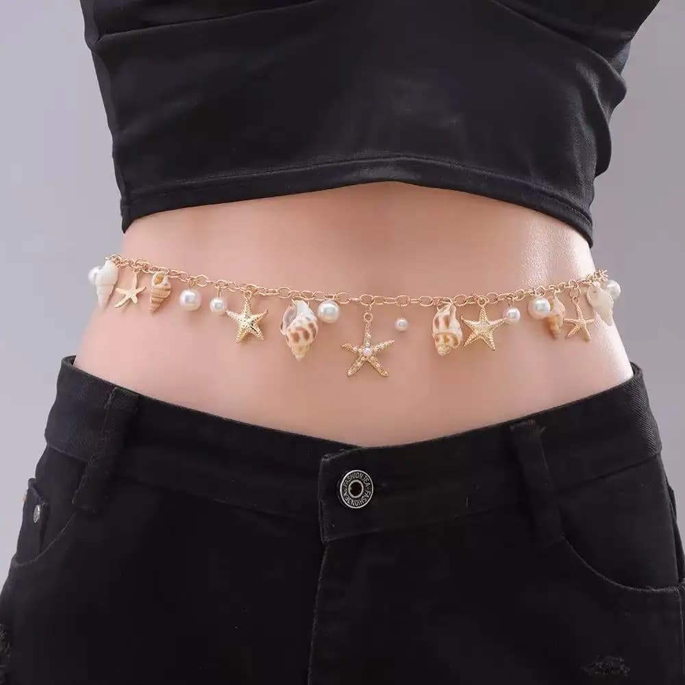 Boho Beach Shells Waist Chain Women's Starfish Pearl Tassel Pendant Belt Vacation Style Versatile Match