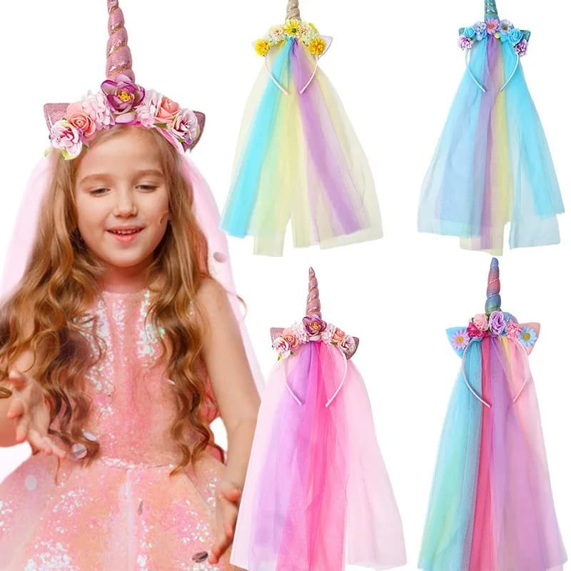 Children's Unicorn Mesh Headband Kids Accessory Hair Wear Hoop Colorful Lovely Headdress Fashion Party Hairwear