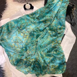 White Blue Women 100% Mulberry Silk Scarf Elegant Floral Design Long Silk Scarf Cape Summer Beach Silk Shawl Wrap Hijab Scarf