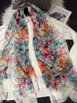 White Blue Women 100% Mulberry Silk Scarf Elegant Floral Design Long Silk Scarf Cape Summer Beach Silk Shawl Wrap Hijab Scarf