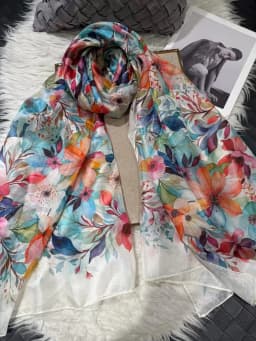 White Blue Women 100% Mulberry Silk Scarf Elegant Floral Design Long Silk Scarf Cape Summer Beach Silk Shawl Wrap Hijab Scarf