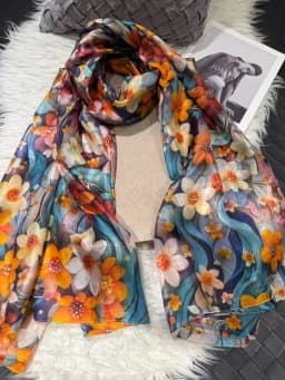 White Blue Women 100% Mulberry Silk Scarf Elegant Floral Design Long Silk Scarf Cape Summer Beach Silk Shawl Wrap Hijab Scarf