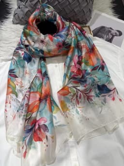 White Blue Women 100% Mulberry Silk Scarf Elegant Floral Design Long Silk Scarf Cape Summer Beach Silk Shawl Wrap Hijab Scarf