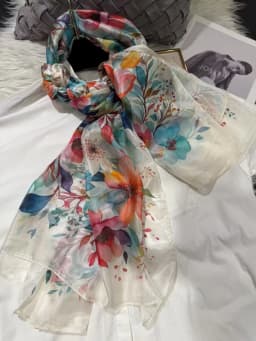White Blue Women 100% Mulberry Silk Scarf Elegant Floral Design Long Silk Scarf Cape Summer Beach Silk Shawl Wrap Hijab Scarf