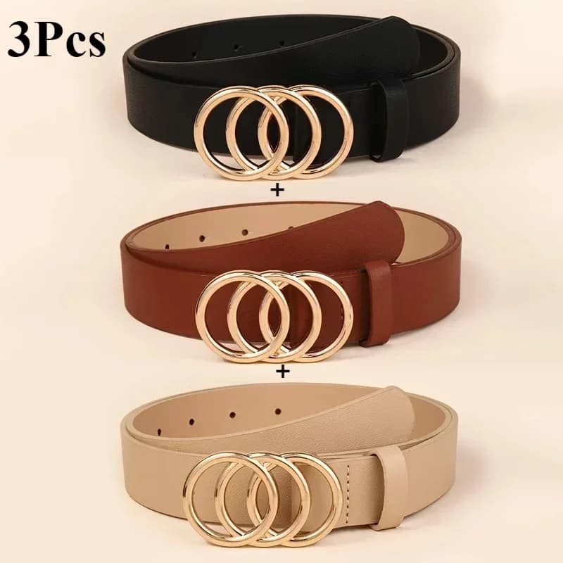 3Pcs/set Golden Triple Ring Buckle Belts Simple Solid Color PU Leather Belt Jeans Pants Belt Dress Coat Girdle For Women Belt